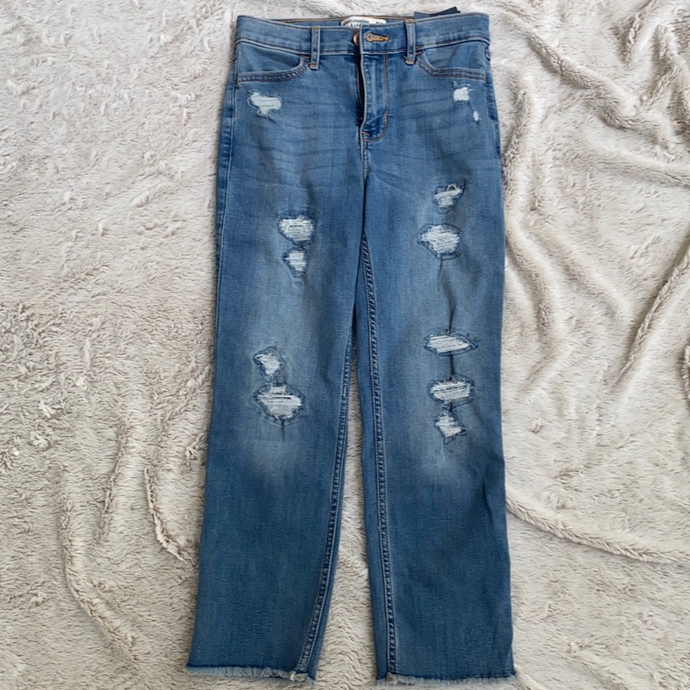 High Rise Ankle Straight Ripped Jeans